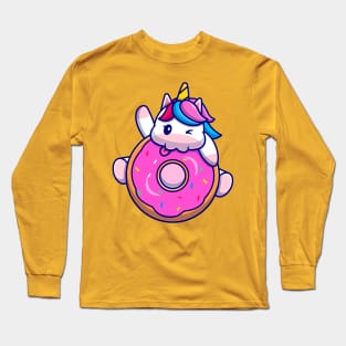 Cute Unicorn Eating Doughnut Cartoon Long Sleeve T-Shirt